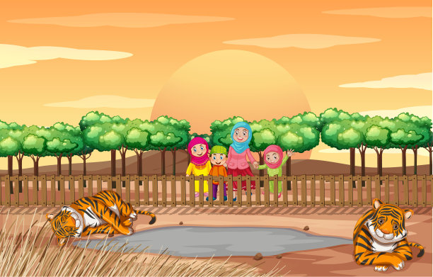 动物园里人和老虎的场景图片下载