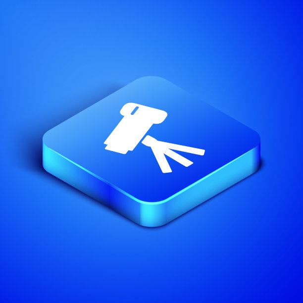 等距望远镜图标孤立在蓝色背景。科学的工具。教育和天文学元素，望远镜和研究恒星。蓝色方块按钮。矢量图图片下载