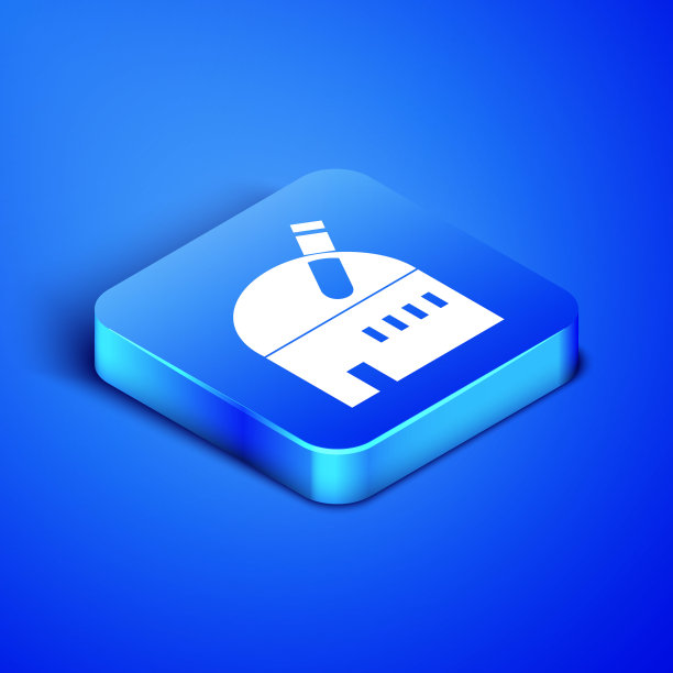 等距天文台图标孤立在蓝色背景。有望远镜的天文台。科研机构。蓝色方块按钮。矢量图图片下载