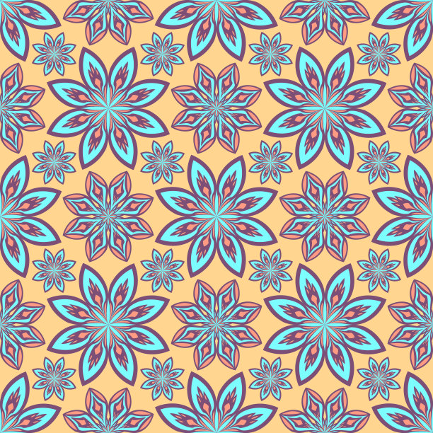 柔和抽象的花朵东方无缝图案，蓝色紫色橙色柔和的颜色，孤立的米色背景。矢量背景奥斯曼motif。花民族瓷砖装饰与花。素材图片