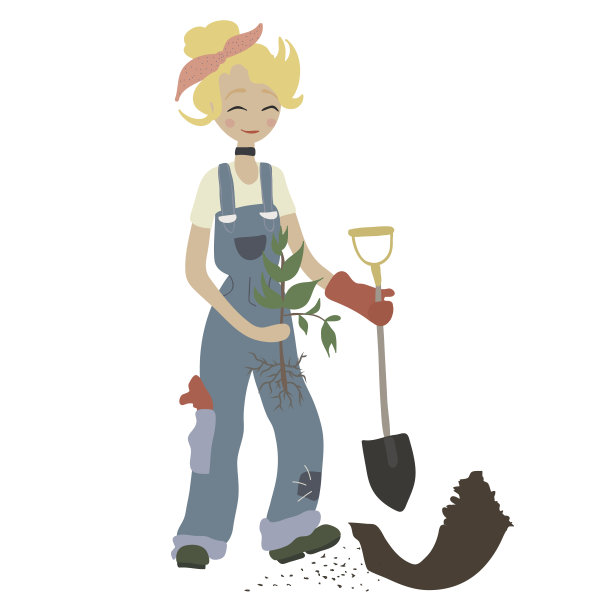 春天可爱微笑的姑娘，夏天园艺。年轻的成年妇女用铲子和植物做园艺工作:种植，生长，移植芽。女性角色。矢量插图在平面卡通风格图片下载