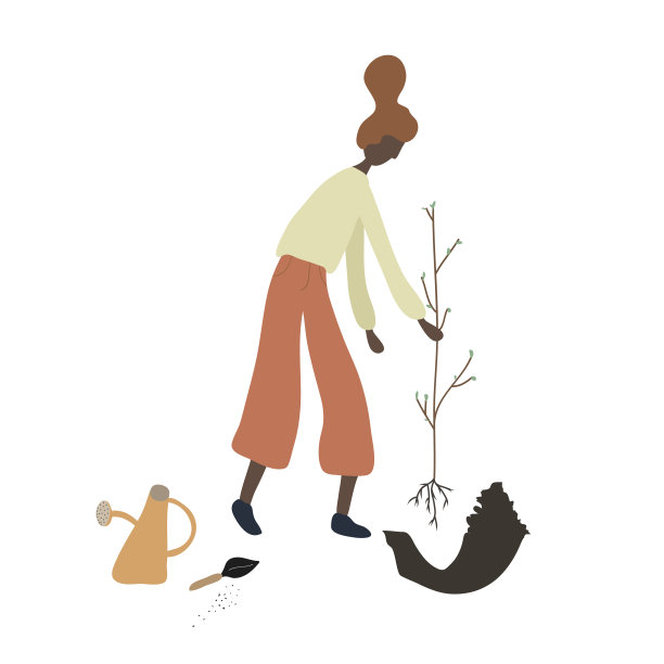 春姑娘，夏天园艺。年轻的成年妇女用喷壶，铲子，植物做园艺工作:种植，生长，移植芽。女性角色。矢量插图在平面卡通风格图片下载