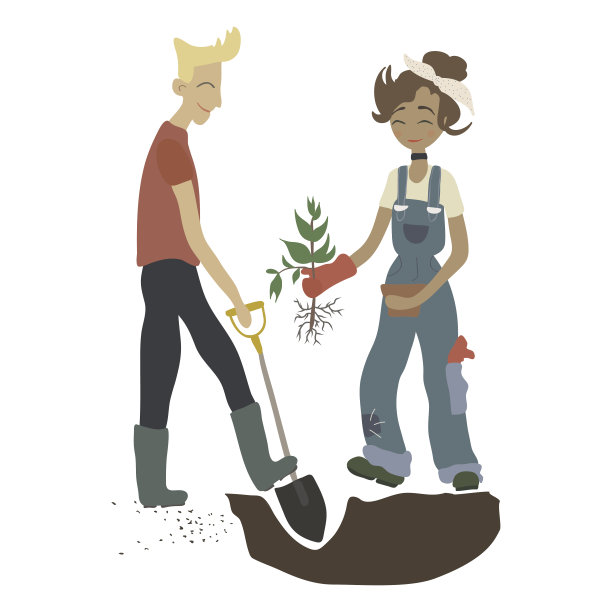 一对快乐微笑的园丁。年轻的成年男子带着铲子，妇女带着植物和花盆做园艺工作——种植、生长和移植幼苗。矢量插图在平面卡通风格图片下载