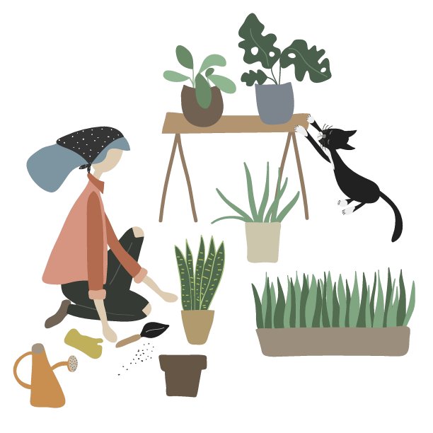 女孩和她的猫坐在地板上，拿着工具和植物。妇女照顾热带室内植物:种植，生长。时尚装饰房子。女性角色。矢量图的概念。平的卡通风格图片下载