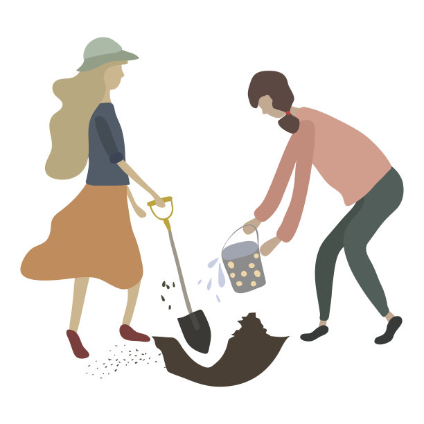 可爱的女孩在挖种子和浇水。年轻的成年妇女拿着铲子和水桶喝水。做春夏季的园艺工作:种植，生长。女性角色。矢量插图。平的卡通风格图片下载