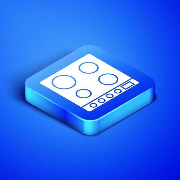 等距煤气炉图标隔离在蓝色背景。炉灶面签。滚刀有四个圆形燃烧器。蓝色方块按钮。矢量图图片下载