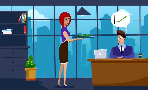 服务员女孩正在给办公室的商人送钱。平的风格。矢量插图。图片下载