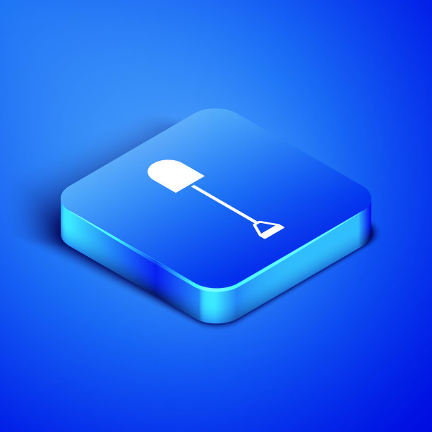 等距铲图标孤立在蓝色背景。园艺工具。园艺、农业、农业的工具。蓝色方块按钮。矢量图图片下载