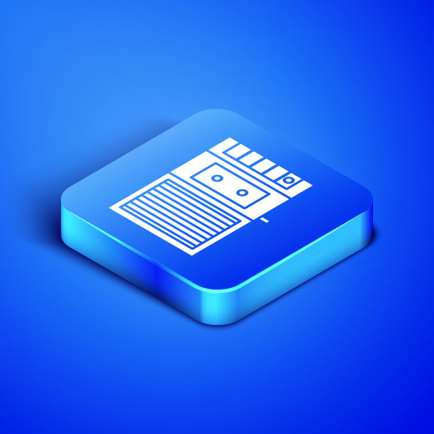 等距音乐磁带播放器图标隔离在蓝色背景。便携式音乐设备。蓝色方块按钮。矢量图图片下载