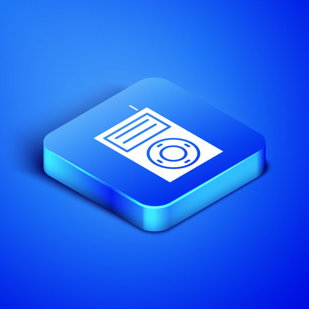 等距音乐MP3播放器图标孤立在蓝色背景。便携式音乐设备。蓝色方块按钮。矢量图图片下载