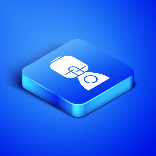 等距搅拌机图标隔离在蓝色背景。厨房用电动固定式搅拌机。烹饪冰沙，鸡尾酒或果汁。蓝色方块按钮。矢量图图片下载