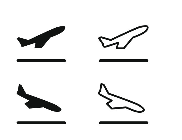 飞机线性和实体图标，离开和到达。飞机在机场登机。旅游和旅行。旅游路线乘飞机。图片下载