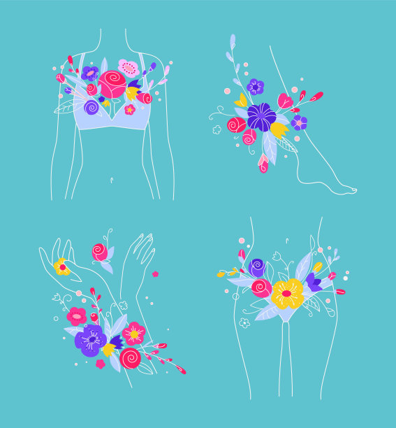 女性健康的主题。女人的身体在花的概念。女人时期插图。图片下载