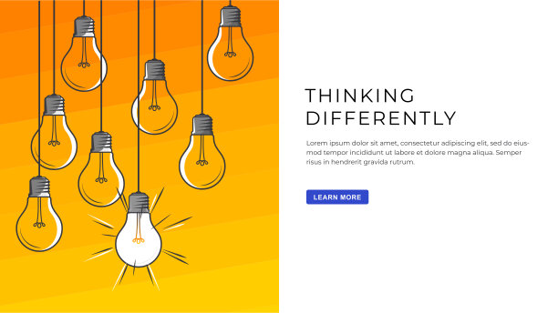思维不同。设计思路用灯泡，标题和文字的地方或按钮用文字。现代风格的网页横幅插图，英雄形象，印刷材料。图片下载