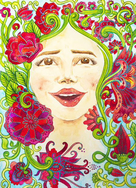 带着花微笑的美丽女孩图片下载