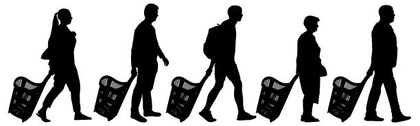 人们挎着购物篮的剪影。矢量图集图片下载
