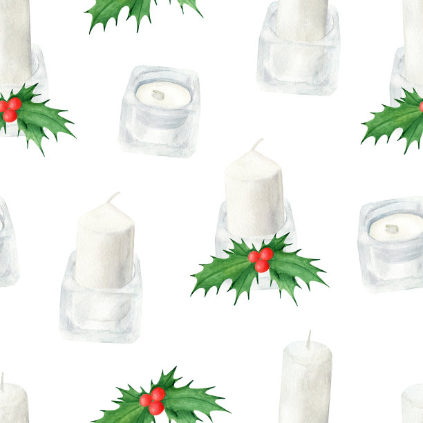 水彩圣诞蜡烛在玻璃烛台与冬青树叶和浆果无缝模式。手绘插图孤立在白色背景贺卡，装饰，包装纸，设计图片下载