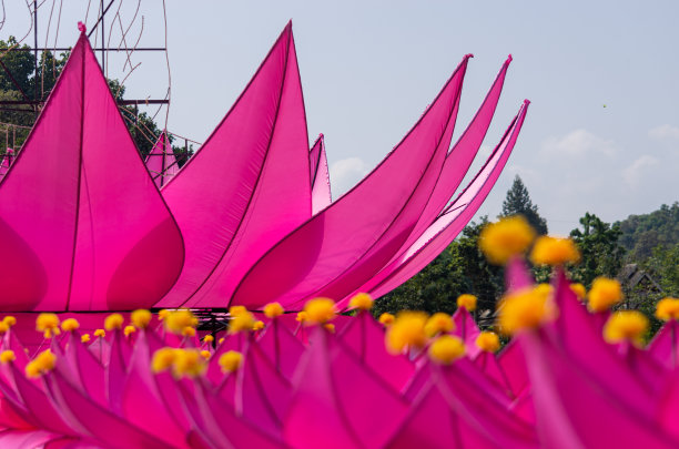 一幅用织物制成的荷花图片上的花瓣用黄色的花朵装饰，为水灯节精选焦点图片下载