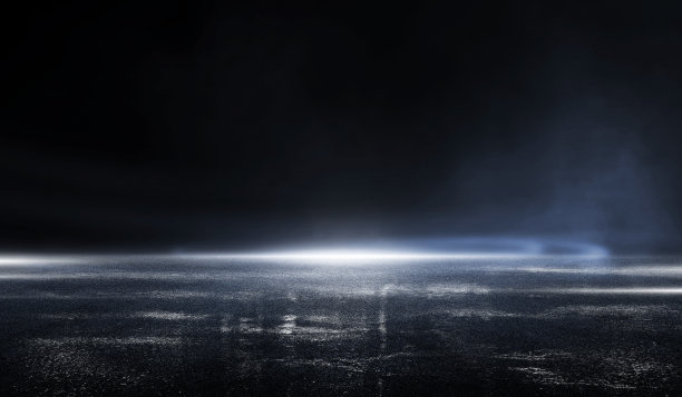 3D渲染抽象暗空场景，蓝色霓虹灯探照灯灯，潮湿的沥青，烟雾，夜景，光线。带雾光高速图片下载