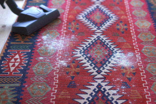 清洁服务打扫公寓。家庭主妇在家用吸尘器清扫红地毯图片下载