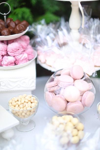白色的桌子上有绿色背景的新娘糖果和蛋糕图片下载