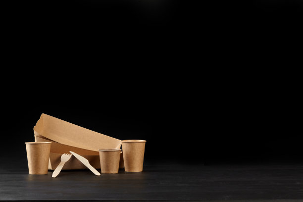 环保一次性餐具放在黑色背景下的深色表面上。生物降解工艺菜。回收的概念。特写镜头图片下载