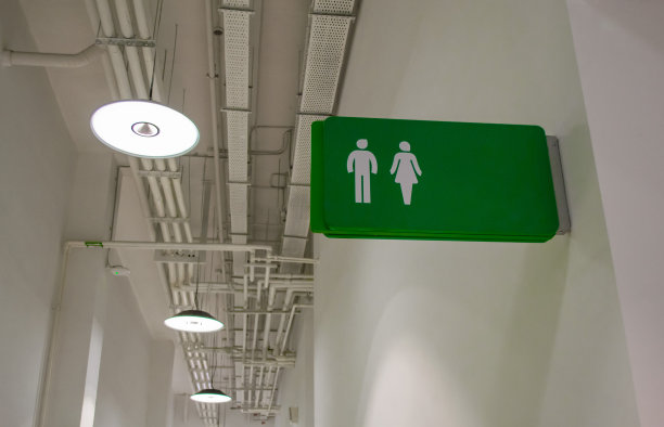 一种公共厕所，在绿色标志上以白色人体符号的形式标出男女图片下载
