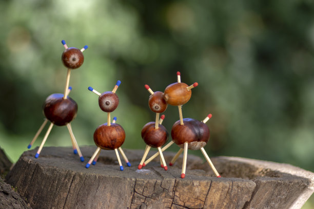 树桩上一群有趣的栗子动物，绿色的背景，传统的秋季手工，欧洲狍子与家人图片下载