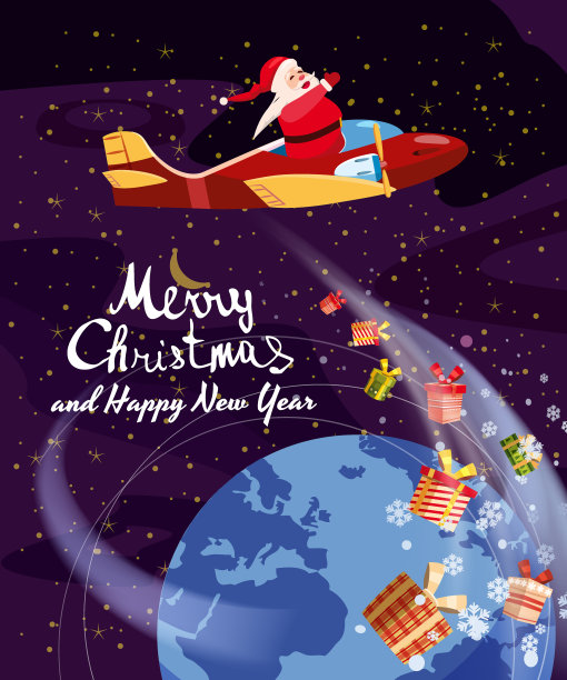 圣诞老人驾驶飞机在地球上空的太空中运送礼物。插图矢量孤立卡通风格海报横幅模板图片下载