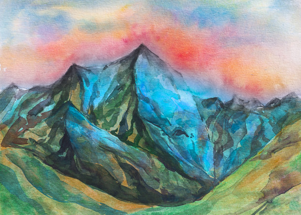 水彩画日落在山素材图片