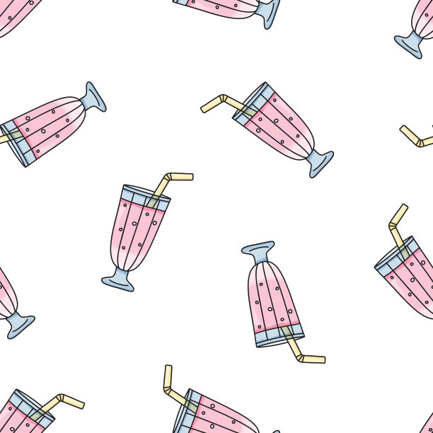 无缝食物载体模式。卡通手绘玻璃草莓奶昔在白色的背景。图片下载