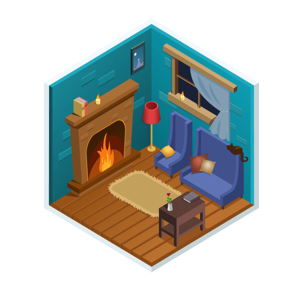 等距室内设计舒适的客厅与壁炉图片下载