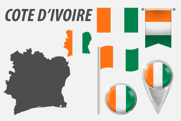 科特迪瓦。3D标志的颜色国旗上的各种物体孤立在白色的背景。旗帜，指针，按钮，飘扬和悬挂旗帜，详细大纲地图和国旗内的国家。图片下载