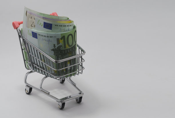 装有各种面额欧元钞票的购物车图片下载