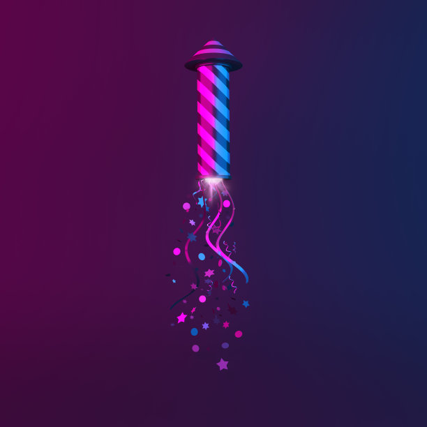 新年快乐设计创意概念，烟花火箭和闪闪发光的五彩纸屑在绿色紫色梯度的背景。复制空间文本区。图片下载
