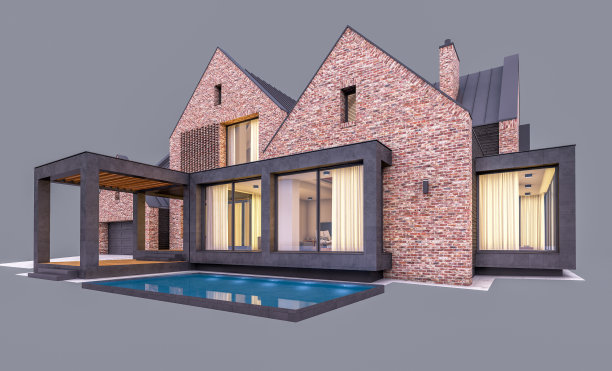 池塘上现代熟料房的3d渲染，傍晚与水池隔离在灰色图片下载