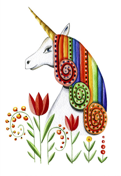 独角兽的肖像在侧面与多颜色的头发。童话的马。水彩插图。神奇的动物。图片下载