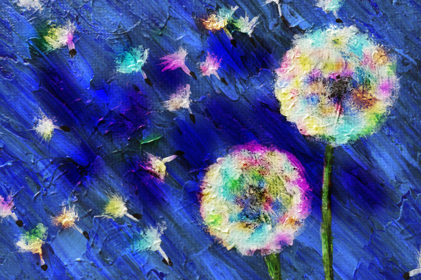 蒲公英的颜色与种子在蓝色。用蓝色笔画在一个纹理上的蓬松的草甸花。图片下载