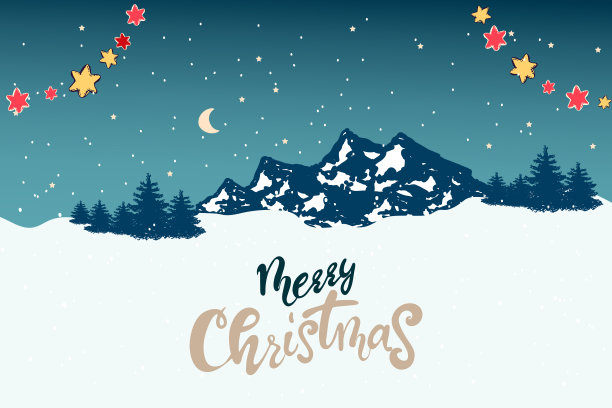 冬季景观以圣诞树、房屋、阳光、文字为平面设计矢量。圣诞快乐新年快乐冬季插画。圣诞季的节日设计。图片下载