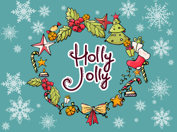 冬青快乐向量贺卡，旗帜与手写书法字母短语在花环。袜子、树、糖果图片下载