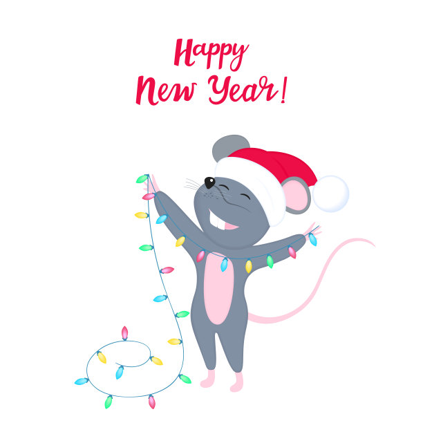 老鼠是2020年中国新年的象征。滑稽的卡通老鼠在圣诞老人的帽子。可爱的微笑老鼠拿着装饰圣诞树的小花环。冬季庆祝贺卡。图片下载