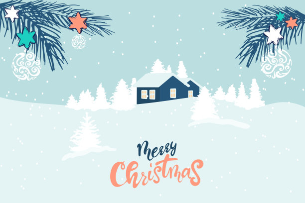 冬季景观以圣诞树、房屋、阳光、文字为平面设计矢量。圣诞快乐新年快乐冬季插画。圣诞季的节日设计。图片下载