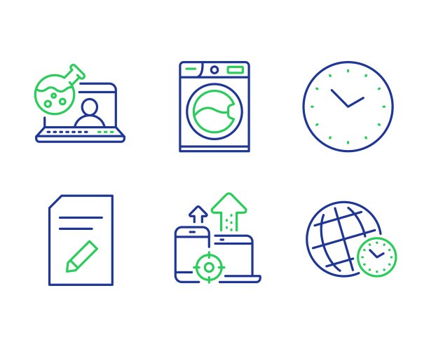 编辑文档，在线化学和时间图标设置。洗衣机，Seo设备和时区标志。向量图片下载