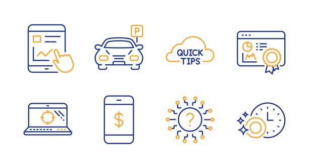 快速提示，Seo笔记本电脑和Seo证书图标设置。问号，智能手机支付和停车标志。向量图片下载