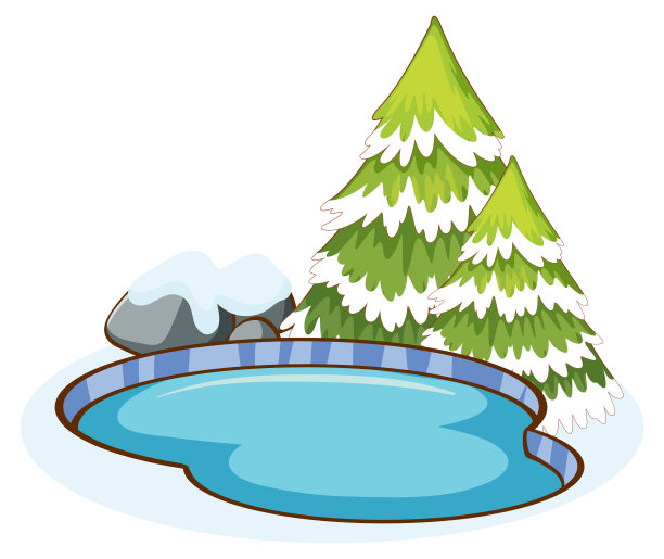 池塘和松树在白色的背景图片下载