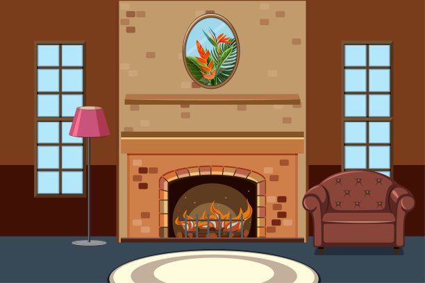 客厅，壁炉旁有沙发图片下载