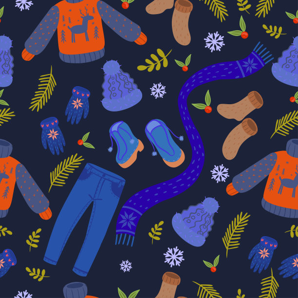 无缝图案与冬季衣服在一个蓝色的背景。矢量图形。图片下载