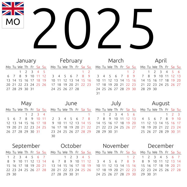 日历2025，英文，星期一图片下载