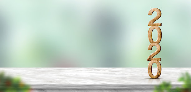 2020年新年木号(3d渲染)在大理石桌子上模糊抽象的绿色散景背景，模拟横幅空间展示或蒙太奇产品，节日庆祝贺卡图片下载