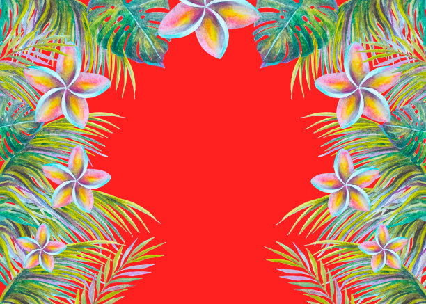 用热带树叶和花朵做成的水彩画框架图片下载